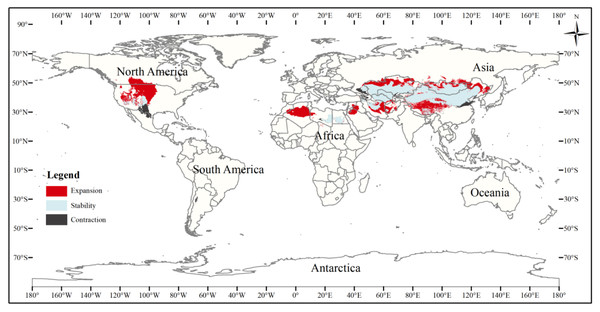 Changes in the distribution pattern of suitable three-toed jerboa areas under climate change scenarios from the Last Glacial Maximum to the mid-Holocene.