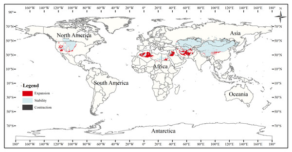 Changes in the distribution pattern of suitable three-toed jerboa areas under climate change scenarios from the mid-Holocene to the current period.