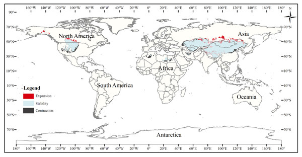 Changes in the distribution pattern of suitable three-toed jerboa areas under climate change scenarios of the current period to the 2070s under RCP4.5.