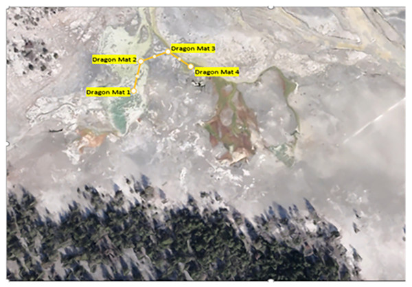 Aerial view of Dragon-Beowulf Hot Springs and sampling locations.