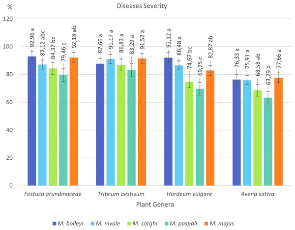 Disease severity values of four plant species under Microdochium spp. inoculations.