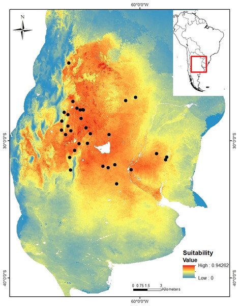 Suitability map for Cactoblastis cactorum as predicted by the consensus niche model (AUC = 0.875).
