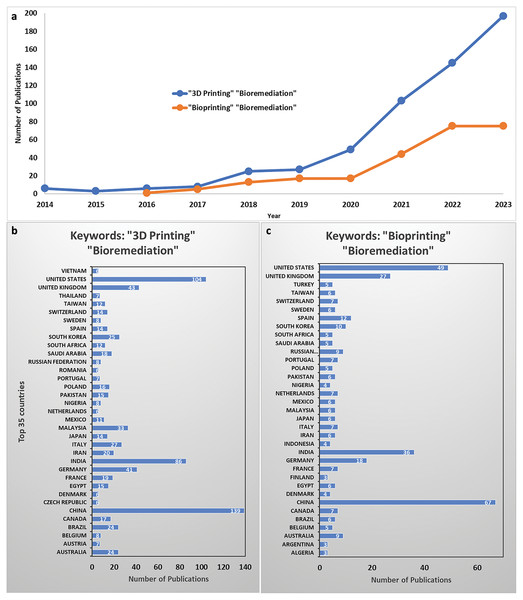 Number of publications between 2014–2023 using the combination of keywords “3D Printing” and “Bioremediation,” “3D Bioprinting” and “Bioremediation” found in Scopus.