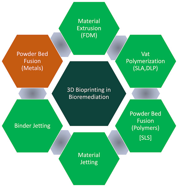 3D bioprinting methods utilized in bioremediation.