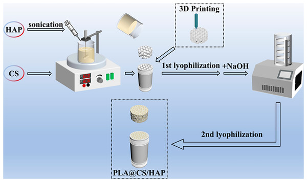 Graphical representation of the PLA-Chitosan(CS)-Hydroxyapatite(HAP) filter fabrication.