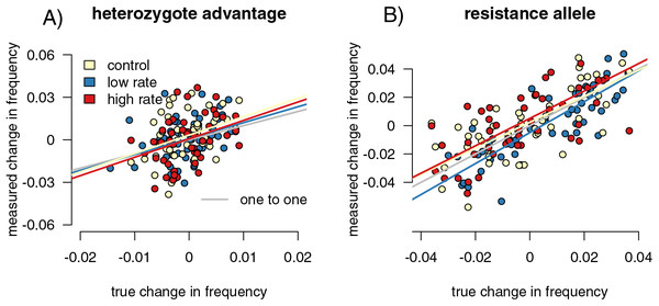 Sampling effects on measured changes in allele frequency between generations.