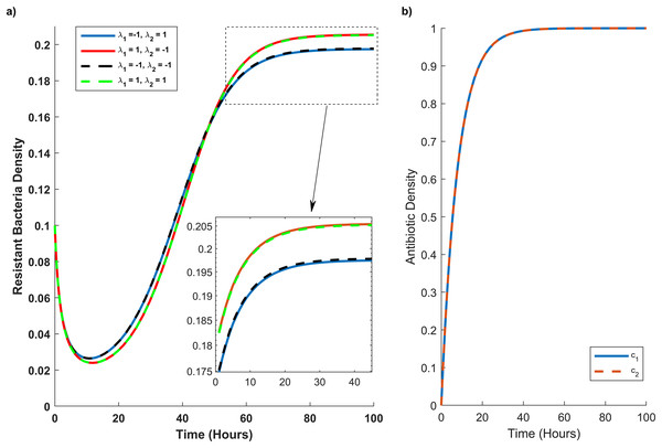 Temporal course of resistant (r) bacteria population under different combination scenarios.