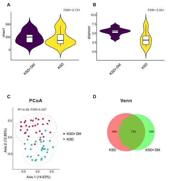 The bacterial diversity exhibited differences between KSD+DM and KSD-only patients.