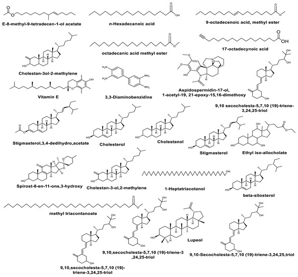 Some compounds identified by GC-MS analysis from the methanolic extracts of the leaves of M. cymbalaria.