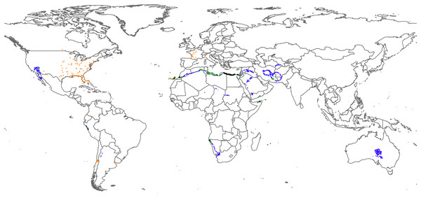 World map representing the zones with four (black), three (green) or two (blue) of the studied climatic variables collated for Lanzarote and the distribution of Reticulitermes flavipes (orange dots).