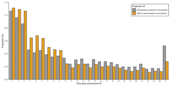 Proportion of the total Ovis aries 3.1 genome contained within each chromosome (grey) alongside the proportion of SNPs in the assay located on each chromosome (gold).
