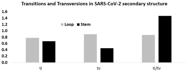 Higher ti/tv value in the stem region compared to the loop regions in SARS-CoV-2 UTR secondary structure.