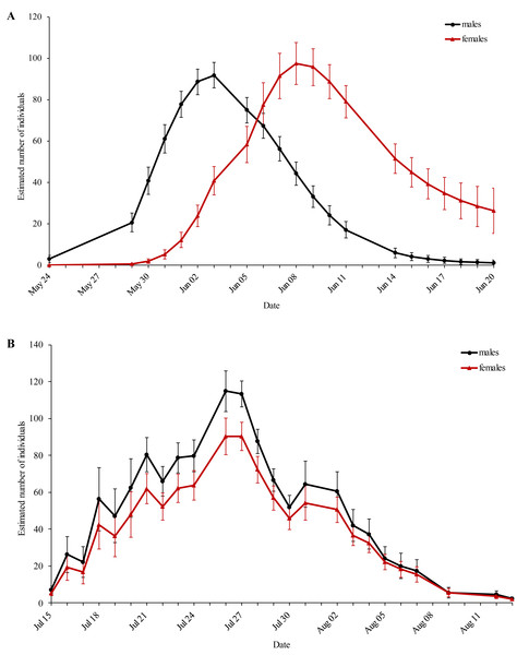 Estimated population size of the (A) first and (B) second generation of Boloria selene for every sampling day.