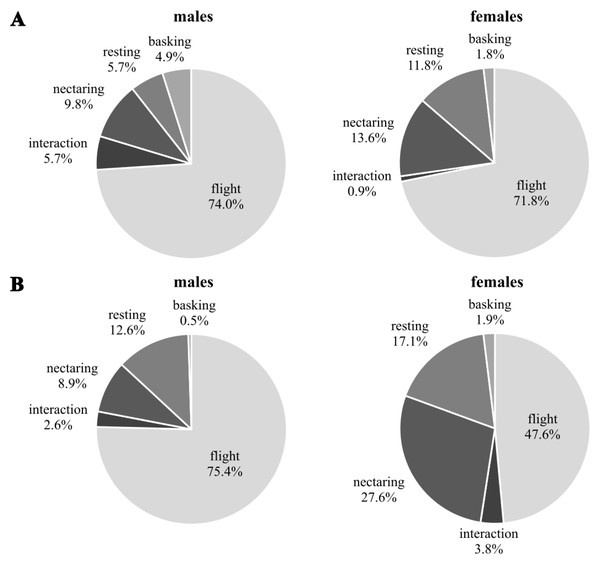 Behaviour [%] observed during the first capture event of Boloria selene for males (left) and females (right) in the first (A) and second (B) generation.