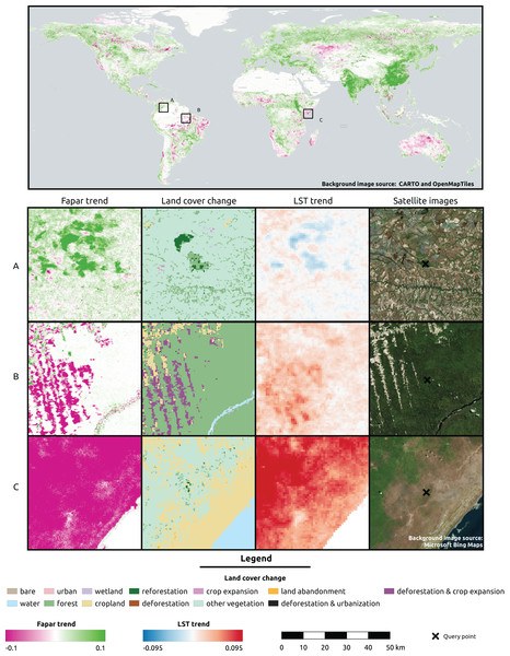 Global FAPAR trend and zoomed-in examples of three locations showing the spatial overlap with land cover change and LST trend.