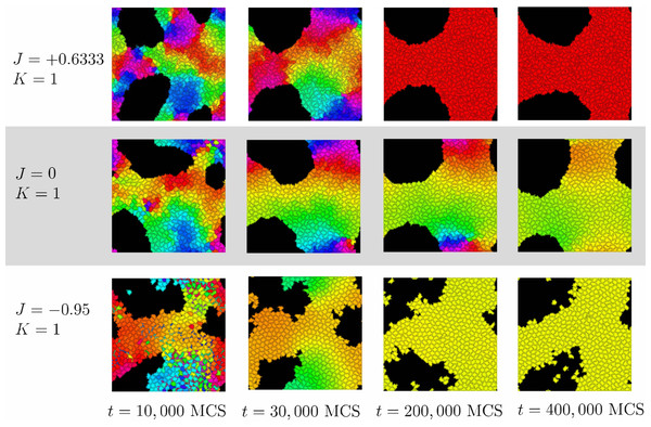 Progress of synchronization for K = 1 and different values of J.