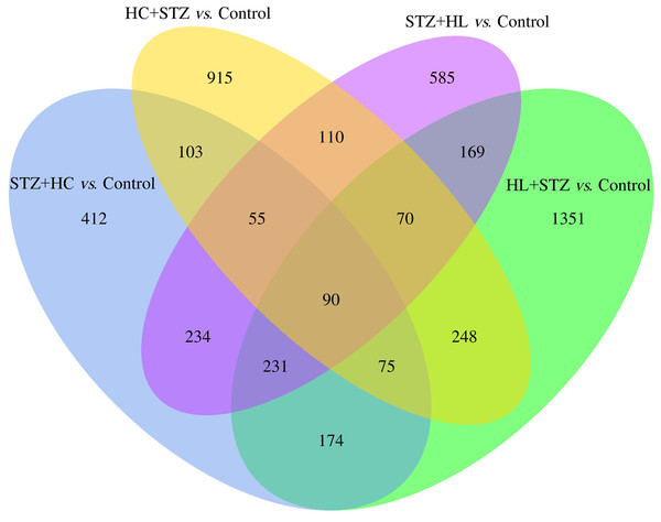 The common DEGs between the HC+STZ, STZ+HC, HL+STZ, and STZ+HL groups.