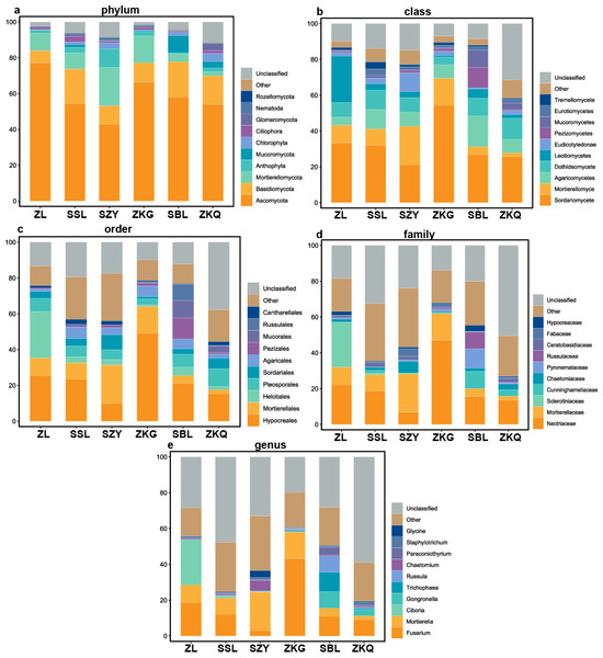 Top 10 relative abundances of fungal communities in urban forest stands of bulk soil as: (A) phylum, (B) class, (C) order, (D) family and (E) genus.