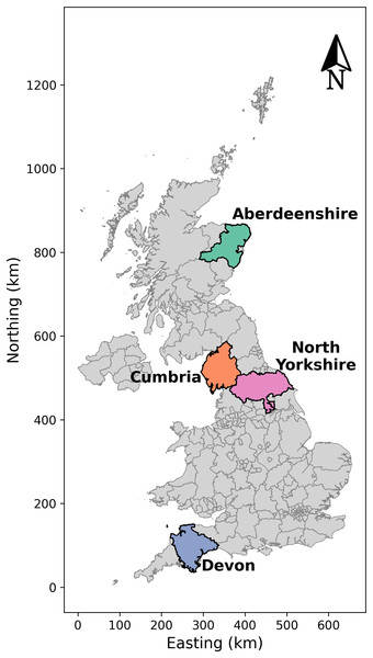 Map of counties in the United Kingdom in 2001.