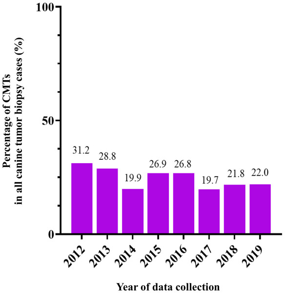 The percentage of canine mammary tumor (CMT) in all tumor biopsy cases in a single year during 2012–2019.