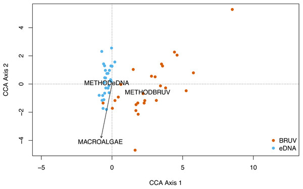 Canonical correspondence analysis of eDNA vs BRUV.