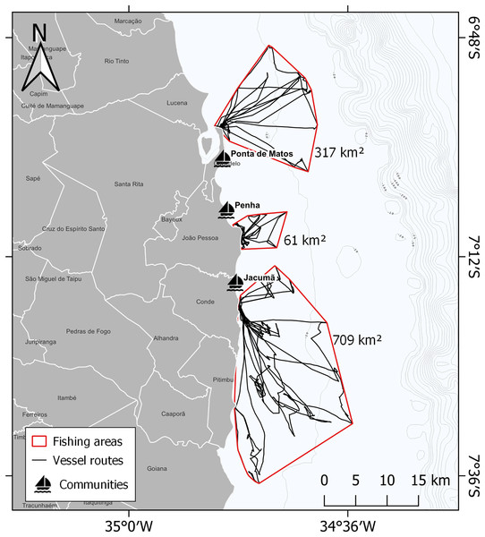 Fishing areas used by three communities studied: Ponta de Matos in Cabedelo, Penha in João Pessoa and Jacumã in Conde.