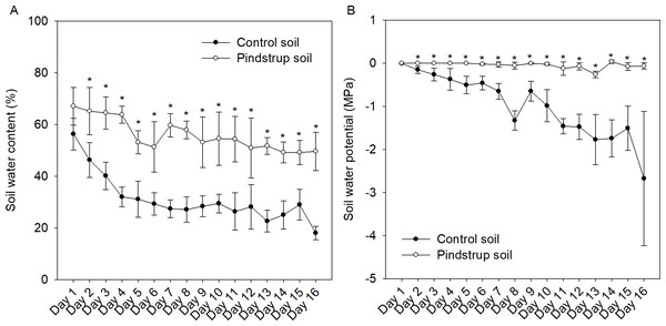 Soil water content (A) and soil water potential (B) in control soil and pindstrup soil.