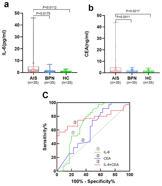 Performances of serum IL-6 and CEA for AIS patients in the validation set.