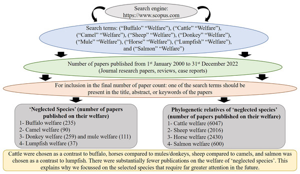 Overview of the methodology, search engine, search terms, and number of published articles focusing on the welfare of five neglected species and a chosen example of a phylogenetic relative.