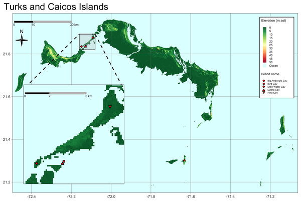 Map of the Turks and Caicos Islands, located north of Hispaniola at the southeastern terminus of the Bahaman Archipelago.
