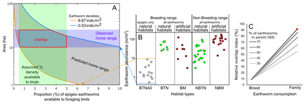Relationships between earthworm densities, earthworm availability, predicted home range size for brood or family earthworm consumption, and observed home range size.