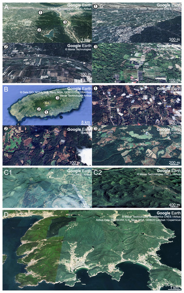 Aerial views of breeding habitats of the fairy pitta with different degrees of fragmentation and surrounding agricultural landscapes.