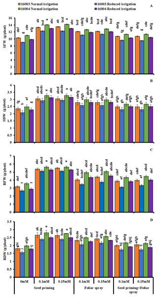 SFW, SDW, RFW, RDW of differentially drought tolerant mungbean genotypes fertigated with different levels of ALA through different modes when grown under normal irrigation and reduced irrigation.
