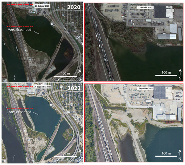 Before and after construction from satellite imagery.