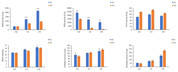 Changes in enzyme activities during different defoliation periods in two varieties, ‘Allen Eureka’ and ‘Yunning No. 1’.