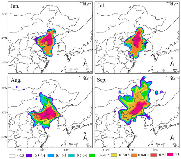 Seasonal migration trajectories originating from the source areas (represented by black lines) of Spod optera exigua trapped in Shenyang, along with their potential flight directions (illustrated by colored lines).
