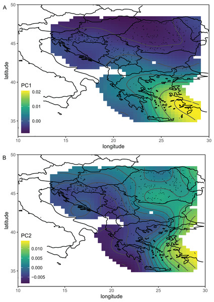 The first (A) and second (B) principal components of wing shape interpolated over sampling locations in south-eastern Europe using a generalised additive model.