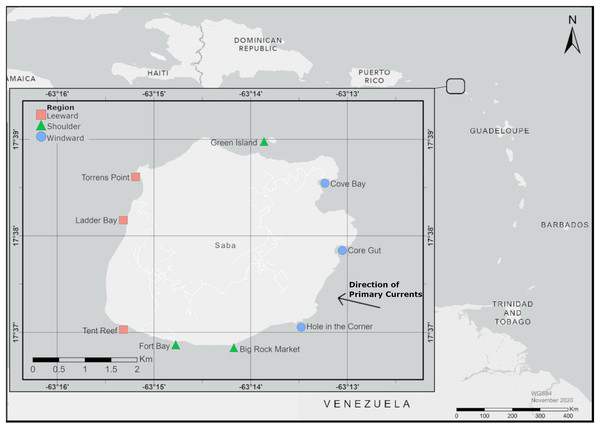 Map of experimental locations around Saba.