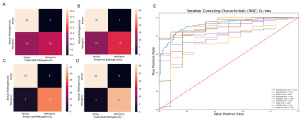 Comparison of prediction tools with Var3PPred at MEFV exon 2 and 10 variants and overall SAIDs associated variants (A) SIFT prediction tool confusion matrix, (B) PolyPhen prediction tool confusion matrix, (C) CADD prediction tool confusion matrix, (D) Var3PPred confusion matrix, (E) ROC curves were generated for SAID-associated variants using the following prediction tools: AlphaMissense, BayesDel, ClinPred, DANN, DEOGEN2, Eigen-raw, FATHMM, MetaLR, and MetaSVM.