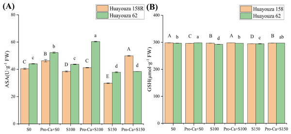 Effect of Pro-Ca priming on ASA and GSH contents of rapeseed seedlings under salt stress.