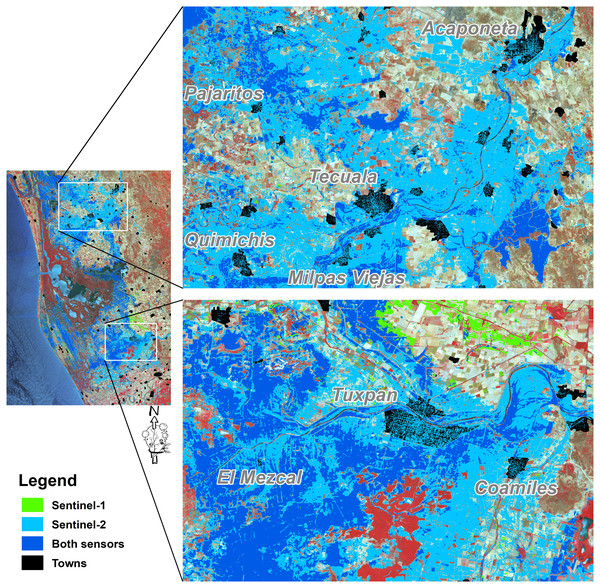 Spatial distribution of the flooded area with zoomed insets for selected areas.