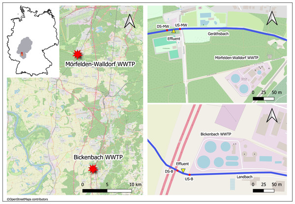 Map of the sampling location of the two WWTPs in Germany (exact positions are provided in Table 1).