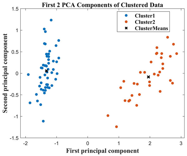 Two-dimensional scatter plot after PCA dimensionality reduction.