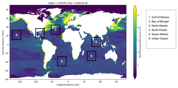 Global marine phytoplankton distribution at a depth of 0.5 m, on 16th April 2018.