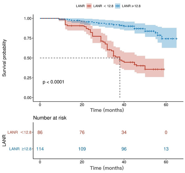 Kaplan–Meier curves for progression-free survival of breast cancer patients based on LANR.