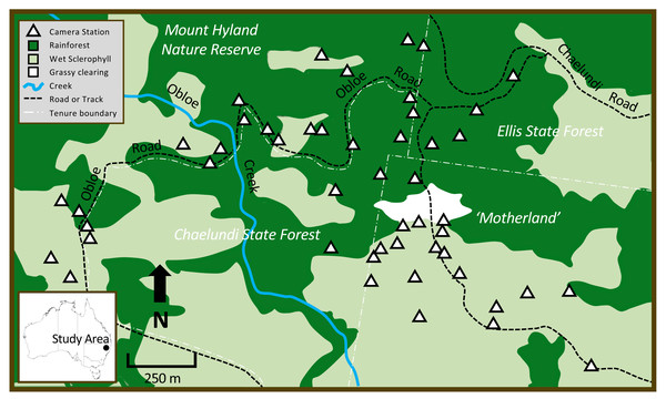 The study area in northeastern New South Wales, showing patterns in vegetation type across different land tenures, major site features, and camera trap locations.