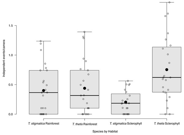 Box and whisker plot of mean occurrence rate of red-necked pademelons (Thylogale thetis) and red-legged pademelons (T. stigmatica) at cameras located in rainforest or wet sclerophyll forest.