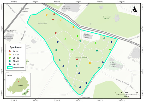 Jinnah Garden map showing 28 collection sites for arthropod specimens examined in this study.