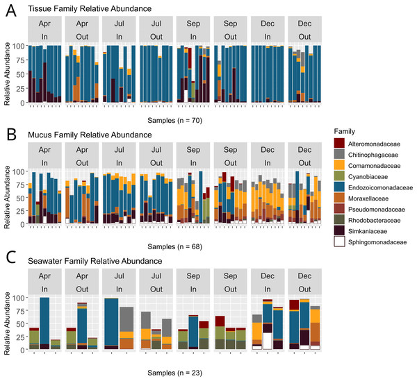 Relative abundances of bacterial taxa identified in coral tissue, mucus, and seawater microbiomes.