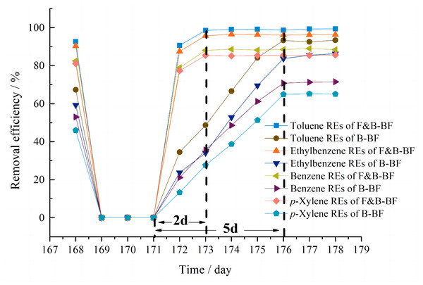 Comparison of the performance recovery cycle in BTEp-X removal between the B-BF and F&B-BF.